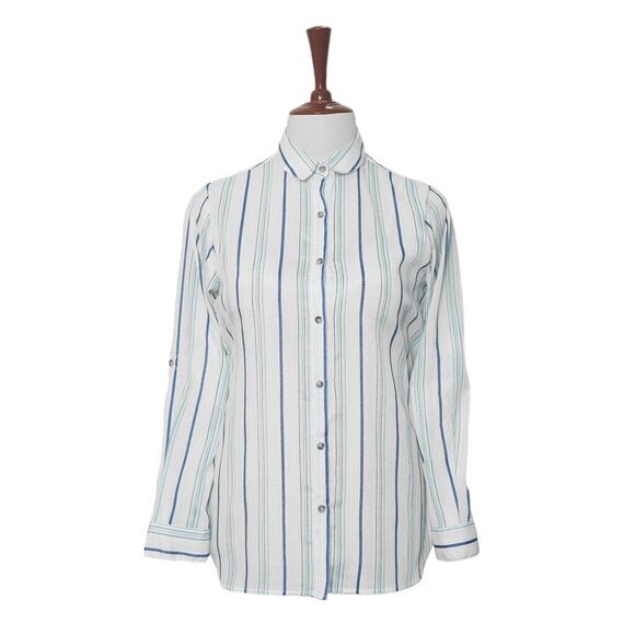 Womens Silky Shirt Button Up White Blue Striped Summer Casual Beach Tunic Medium - Picture 1 of 7